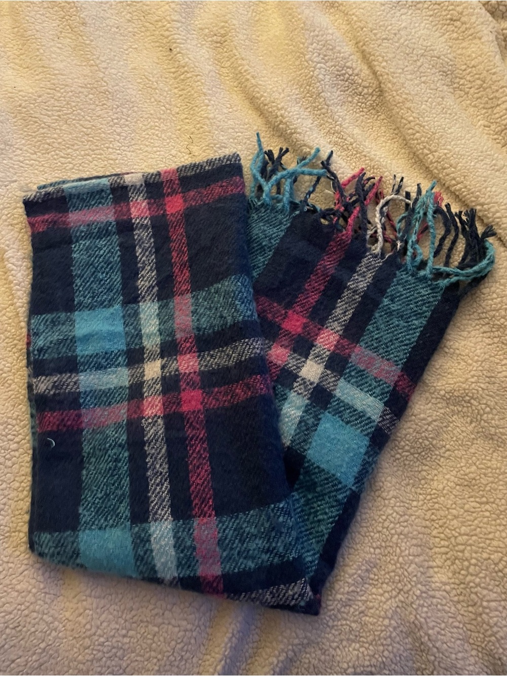 Juicy Couture Navy, Teal & Pink Plaid Fringe Scarf